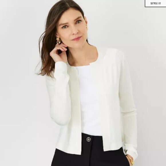 Ann Taylor Seasonless Cropped Open Cardigan Sweater Womens Small Winter White - Picture 1 of 7